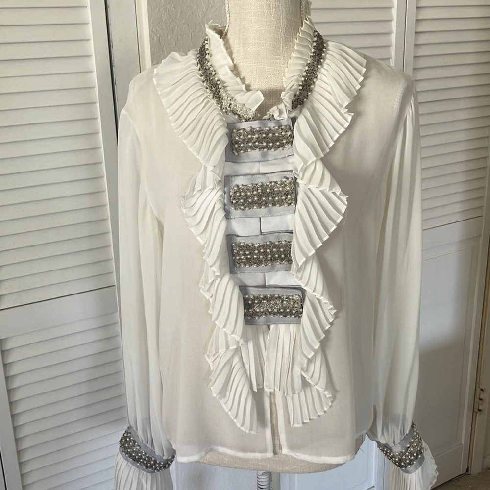 Customized Elegant White Ruffled Women's Top with pearl and‎ beads size M